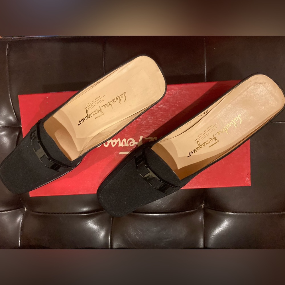 Authentic new Salvatore Ferragamo 2.5 inch black fabric slides. Size 7.5 AAAA
